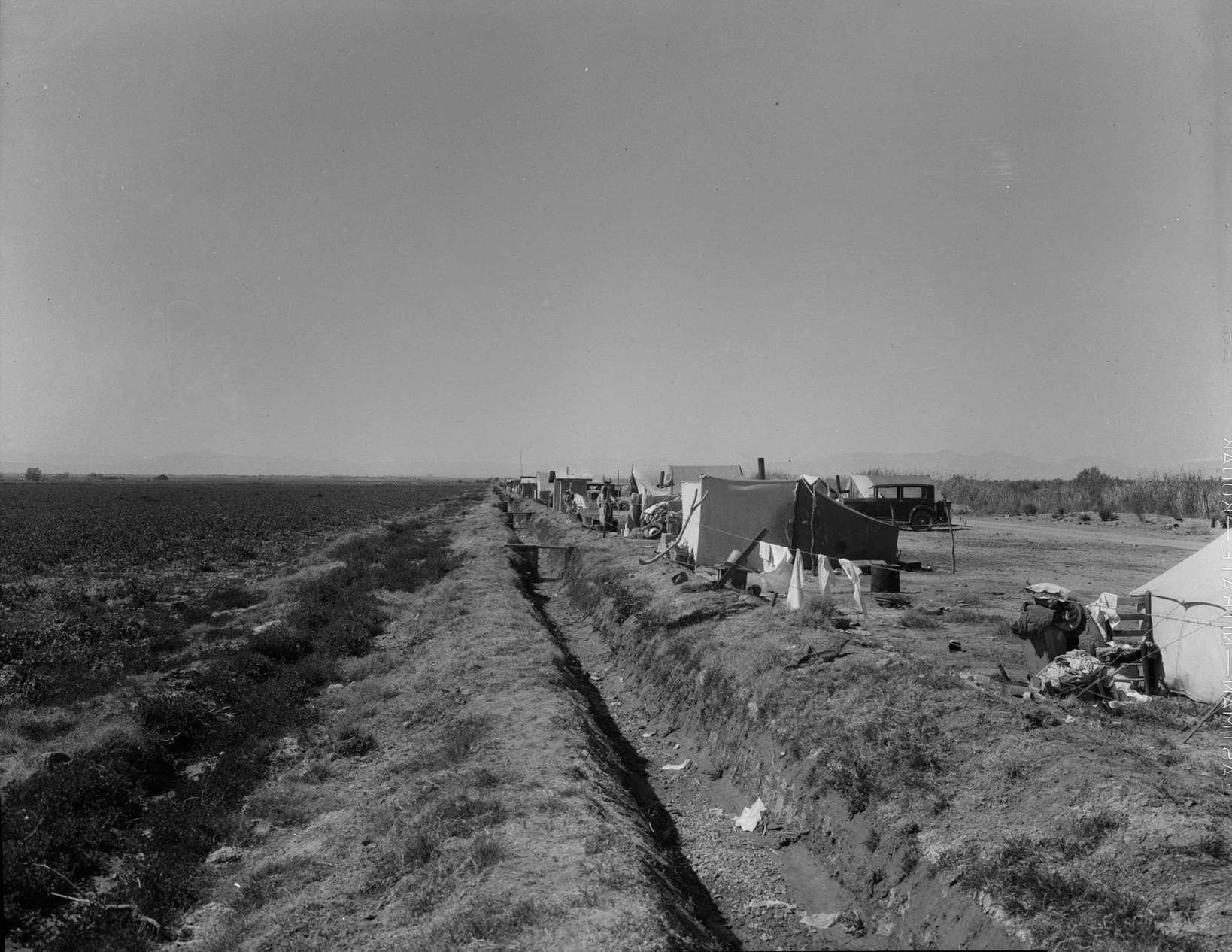#14 Squatter camp on county road near Calipatria, 1933. Forty families from the dust bowl have been camped here for months on the edge of the pea fields.