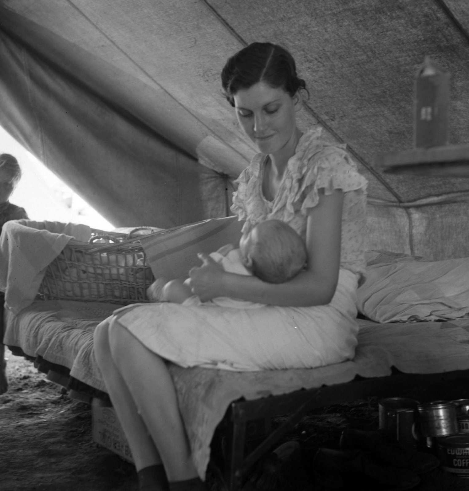 #88 Young migrant mother with six weeks old baby born in a hospital with aid of Farm Security Administration, 1938
