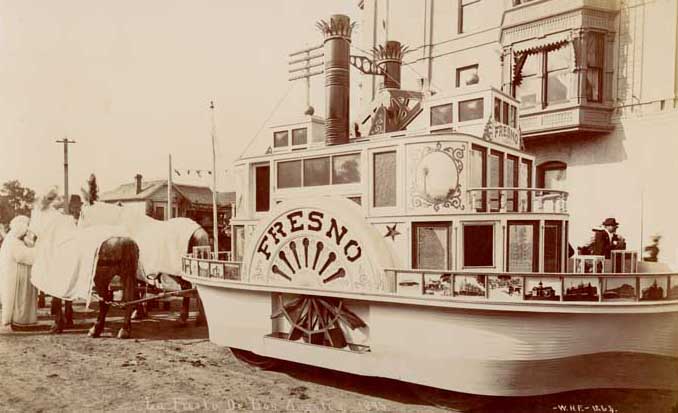 #3 View of horse-drawn float decorated like the steamboat, Fresno, 1895