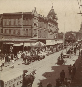#5 View of parade along Mariposa Street in Fresno. J & Mariposa St. Fresno Cal. No. 20., 1890