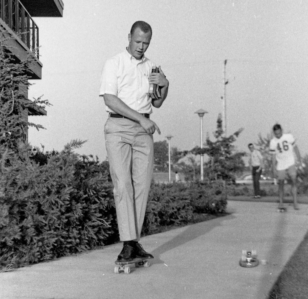 #172 Skate Boarding by the coed dorms, Spring 1966, west of the Fresno State College campus