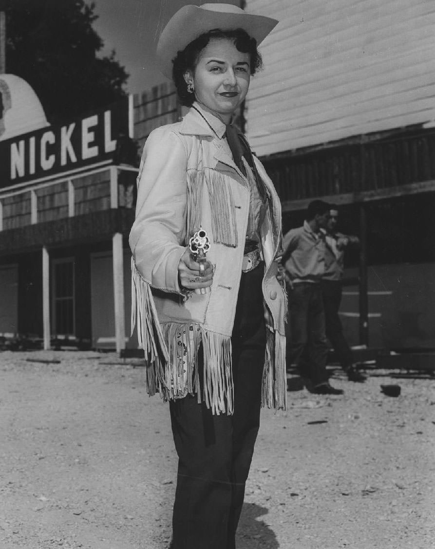 #5 Frontier Fiesta Belle, Jamie Acker, with gun, 1950s