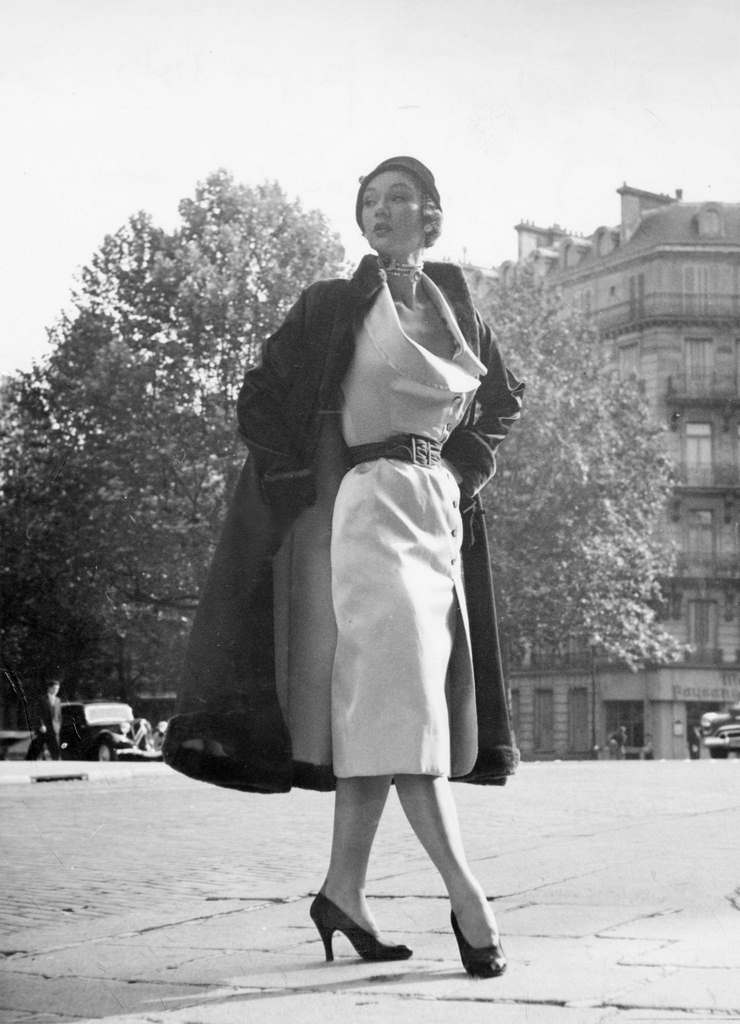 #100 Satin dress and black satin coat with nutria fur, Model: Jacques Fath, Paris, 1951