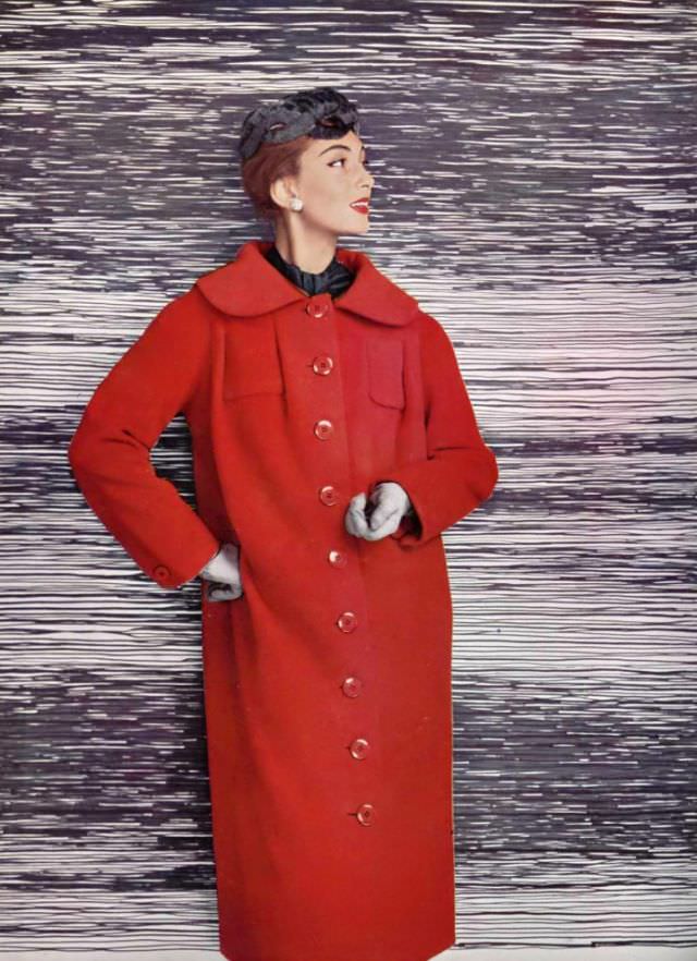 #34 Marie-Hélène in bright red wool coat by Jacques Fath, 1954
