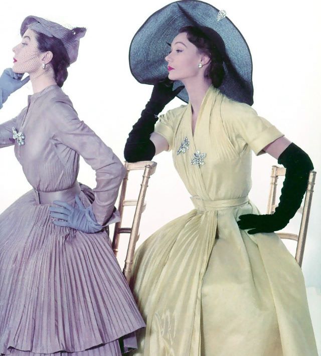 #8 Bettina and Sophie in silk taffeta dresses by Jacques Fath, photo by John Rawlings, originally published in American Vogue, 1951
