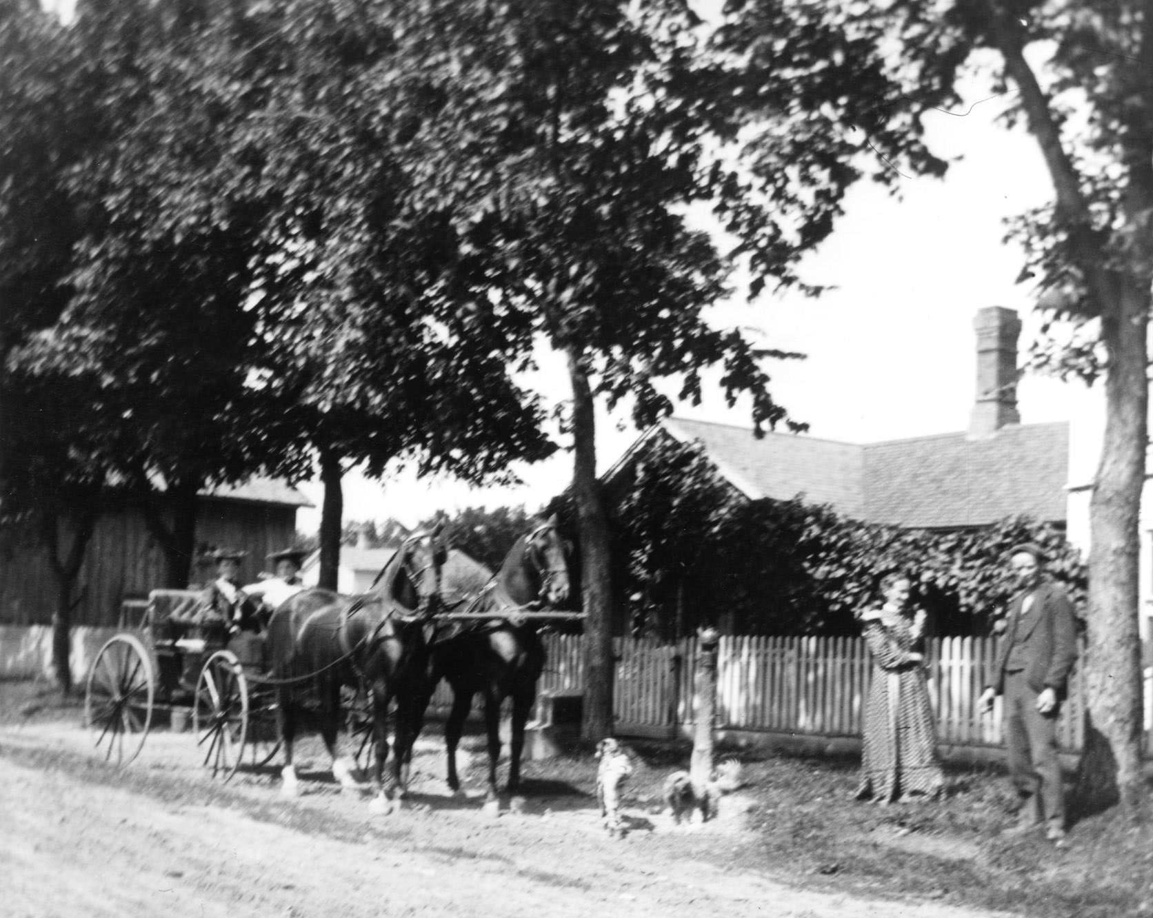 #81 Kate and Ellen Nelson in front of their house with dog and horse-drawn carriage, 1890
