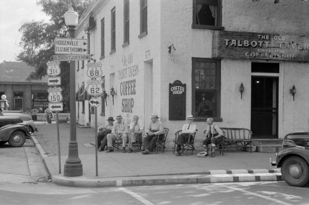 #134 Townspeople Sitting on Street Corner on Saturday Afternoon, Bardstown, Kentucky, July 1940