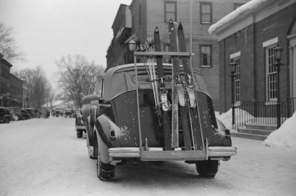 #145 Skis on Ski Rack attached to Car Trunk, Woodstock, Vermont, March 1940