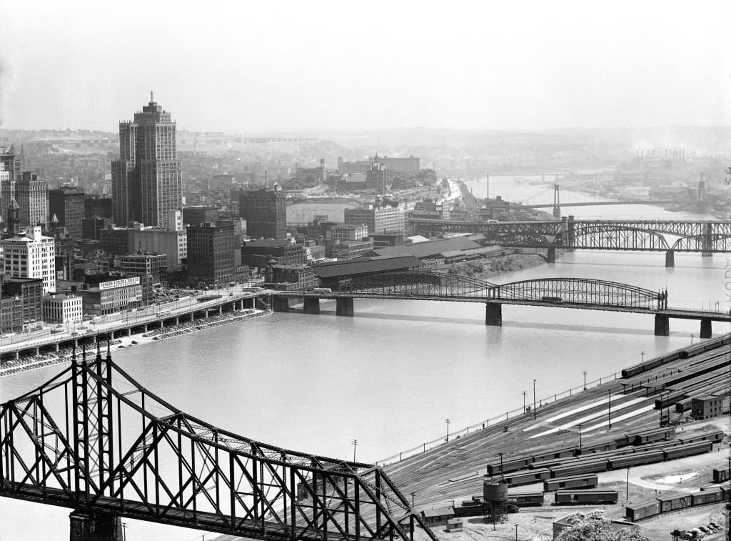 #180 Bridges over Monongahela River with Cityscape in Background, Pittsburgh, Pennsylvania, August 1941