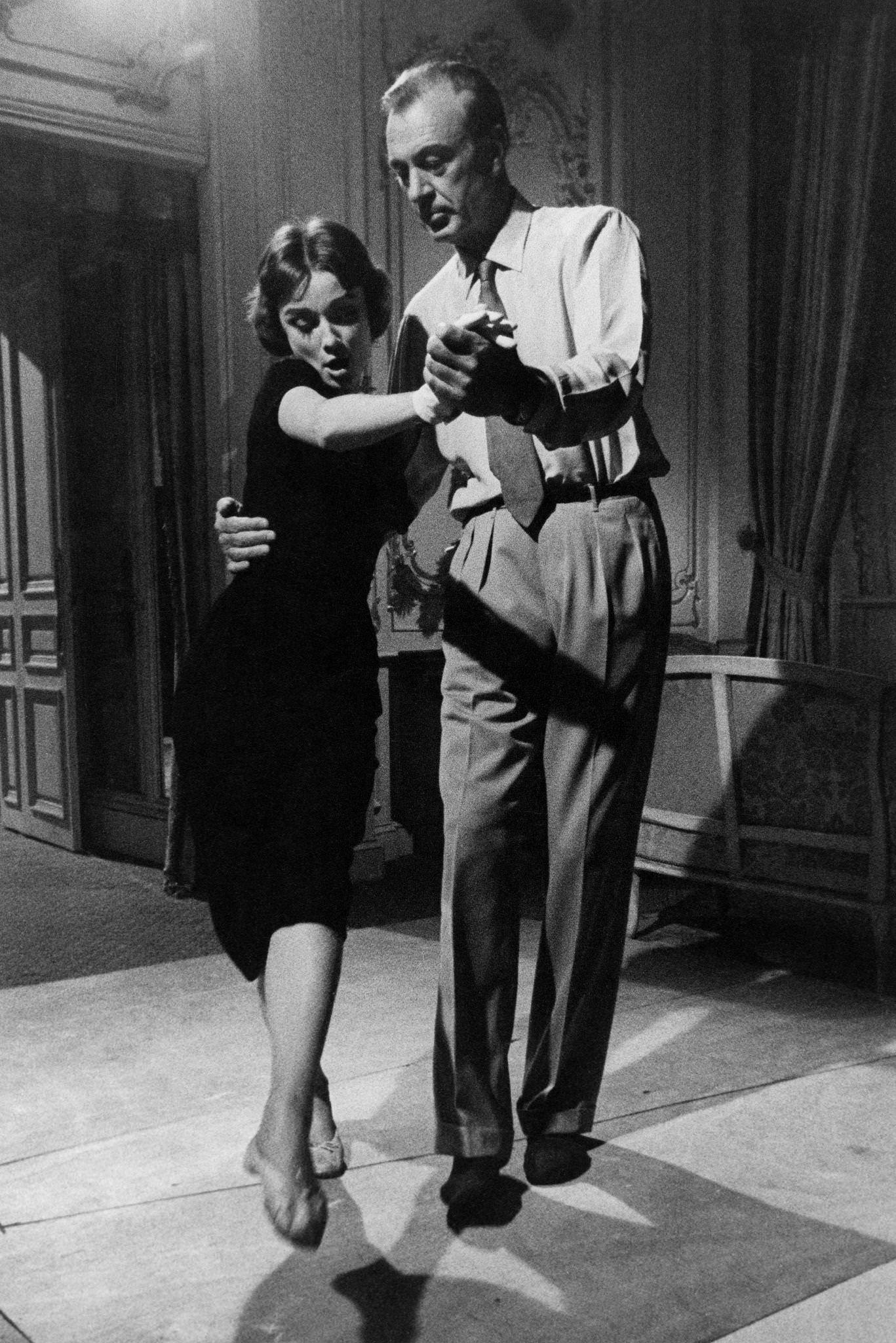 Audrey Hepburn dances with Gary Cooper during the filming of “Love in the Afternoon” in Paris, France.