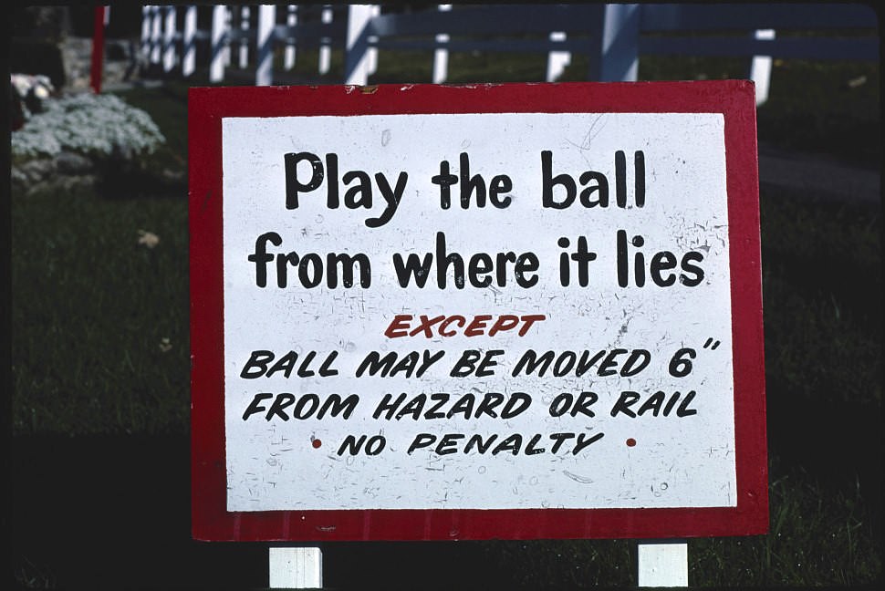 #28 Play the ball sign, Funspot mini golf, Route 3, Weirs Beach, New Hampshire, 1983