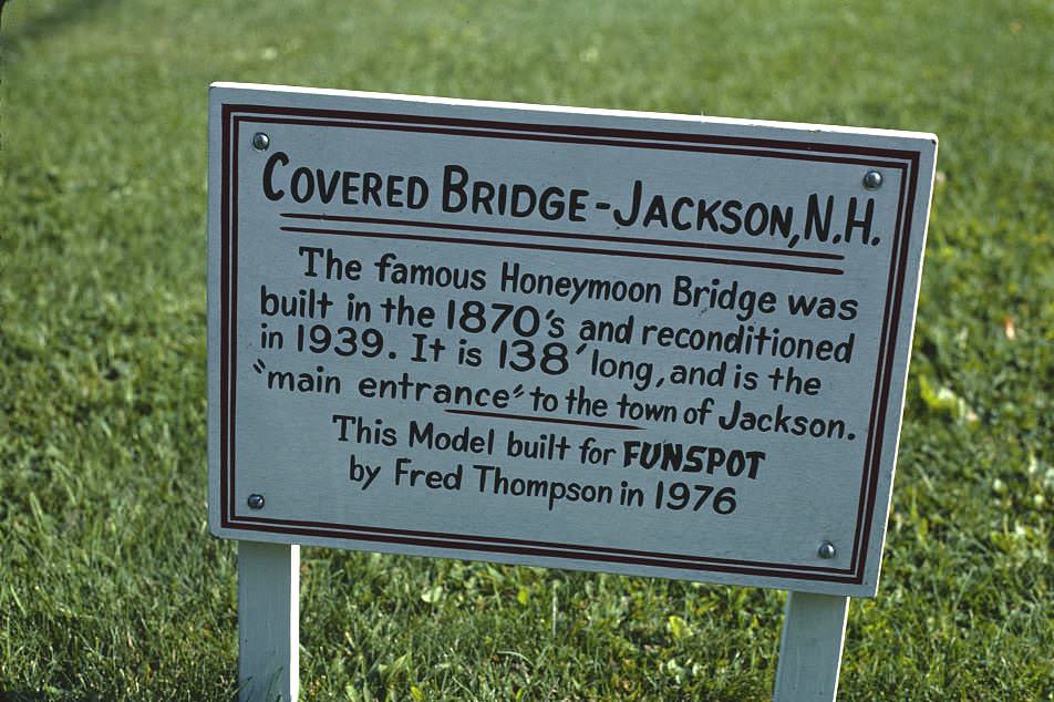 #76 Covered bridge sign, Funspot mini golf, Route 3, Weirs Beach, New Hampshire, 1981