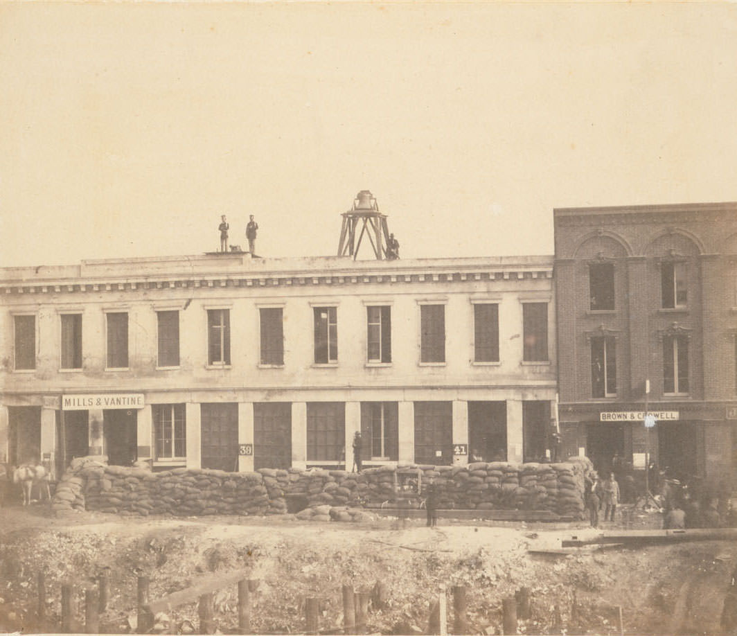 #4 Fort Vigilance (or “Fort Gunnybags”), the headquarters of San Francisco’s second Vigilance Committee, on Sacramento Street between Davis and Front Streets, 1856