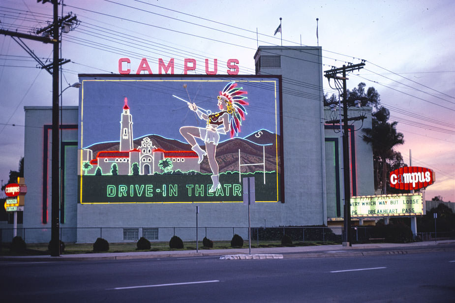 #23 Campus Drive-In Theater, closer view with neon, El Cajon Boulevard, San Diego, California, 1979