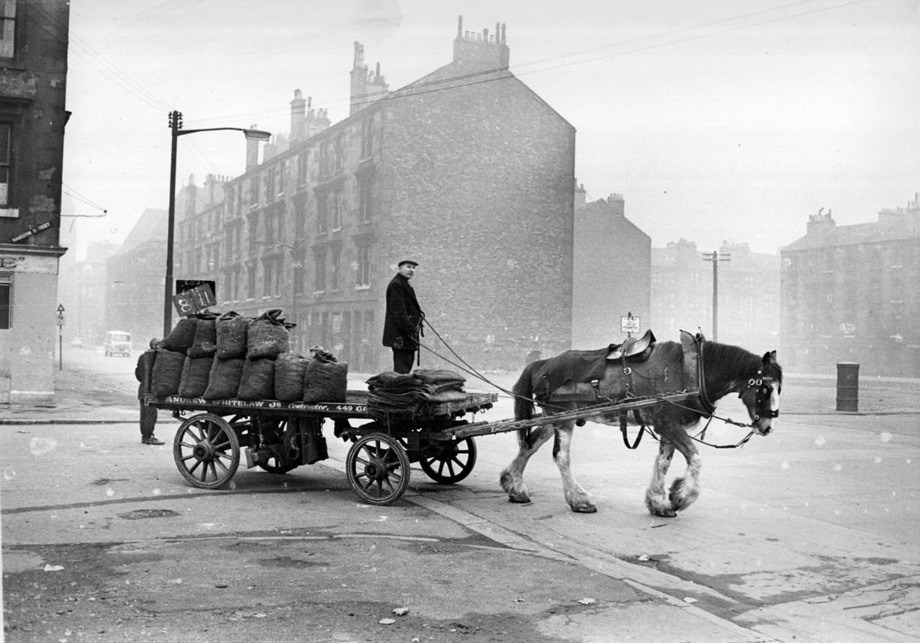 #107 A coalman doing his rounds in his horse-drawn cart in the Gorbals area of Glasgow, 1960