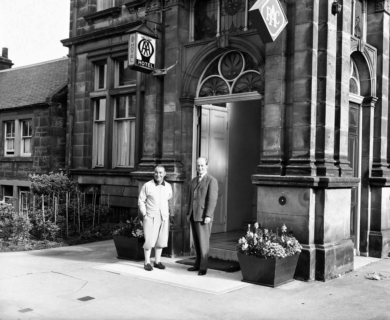#131 Gene Sarazen of the USA beside the entrance to the Russacks Hotel during the Open Championship on the Old Course at St Andrews on July 7, 1964 in St Andrews, Scotland.