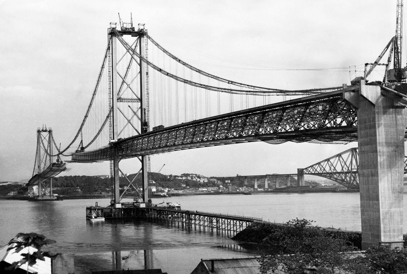 #32 The Forth Road bridge from South Queensferry to North Queensferry, during construction, 1964