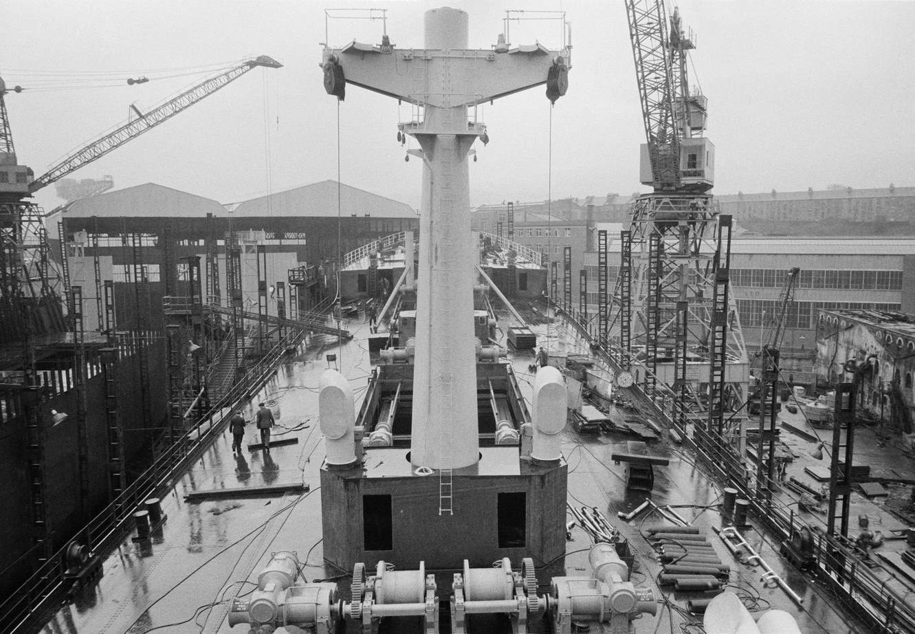 #46 A vessel under construction at a shipyard in Greenock on the Clyde, Scotland, 1963.