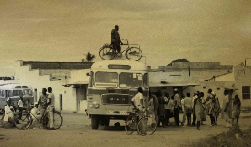 #56 A busy scene in the Tanzanian town of Mwanza as the bus to Musoma is loaded prior to departure, 1969