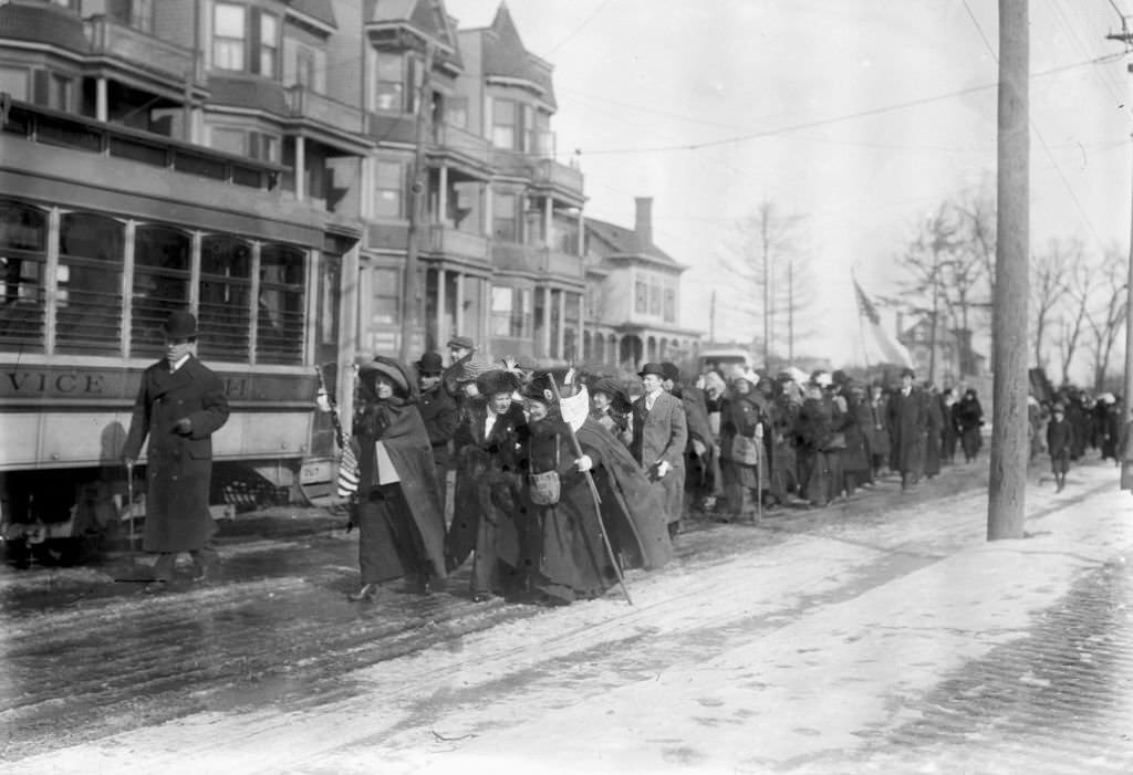 #25 American suffragist Rosalie Jones leads a march, Newark, New Jersey, 1913.