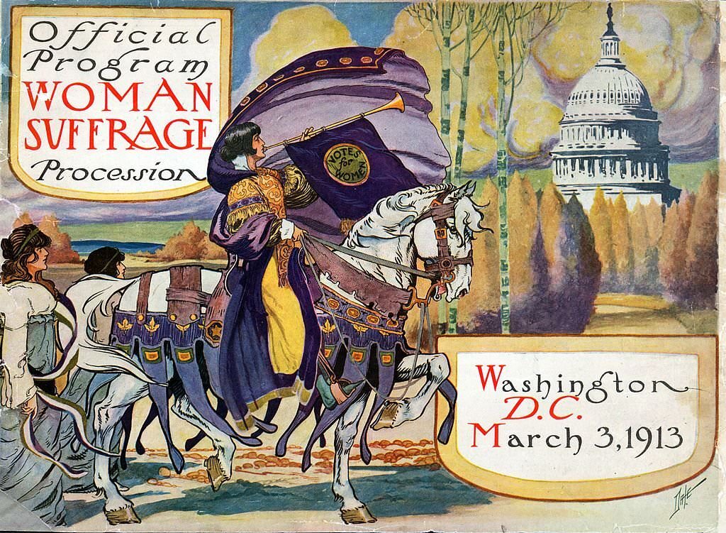 #33 Cover of program for the National American Women’s Suffrage Association procession, showing woman n elaborate attire, with cape, blowing long horn, from which is draped a “votes for women” banner.