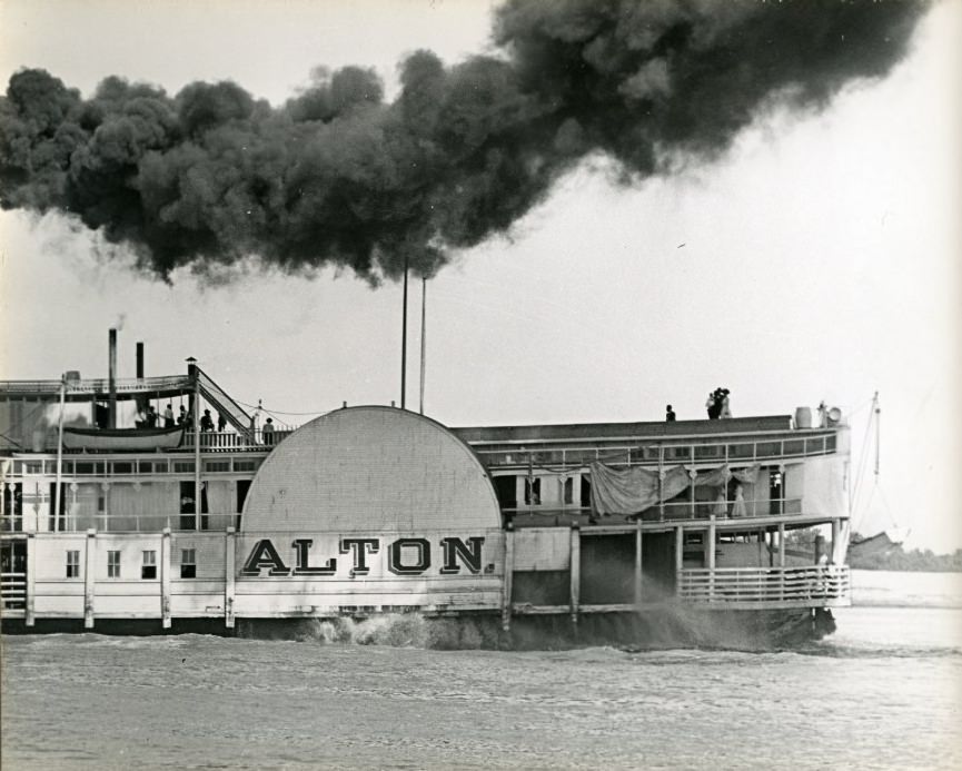 #162 Side-wheel excursion boat Alton on river. Most days, this steamer ran St. Louis to Six-Mile Island on the Illinois River, 1909