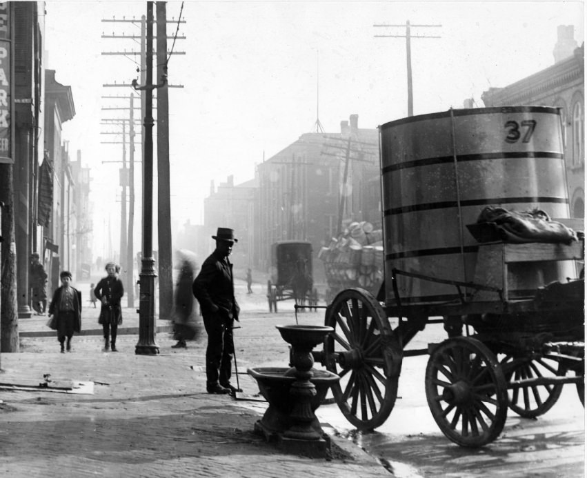 #168 Water wagon on major St. Louis street near the intersection with Carr Street, 1903
