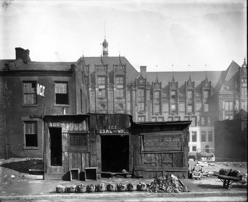 #77 Ice, coal and wood stand in downtown St. Louis. The rear of St. Louis City Hall is visible in the background, 1909