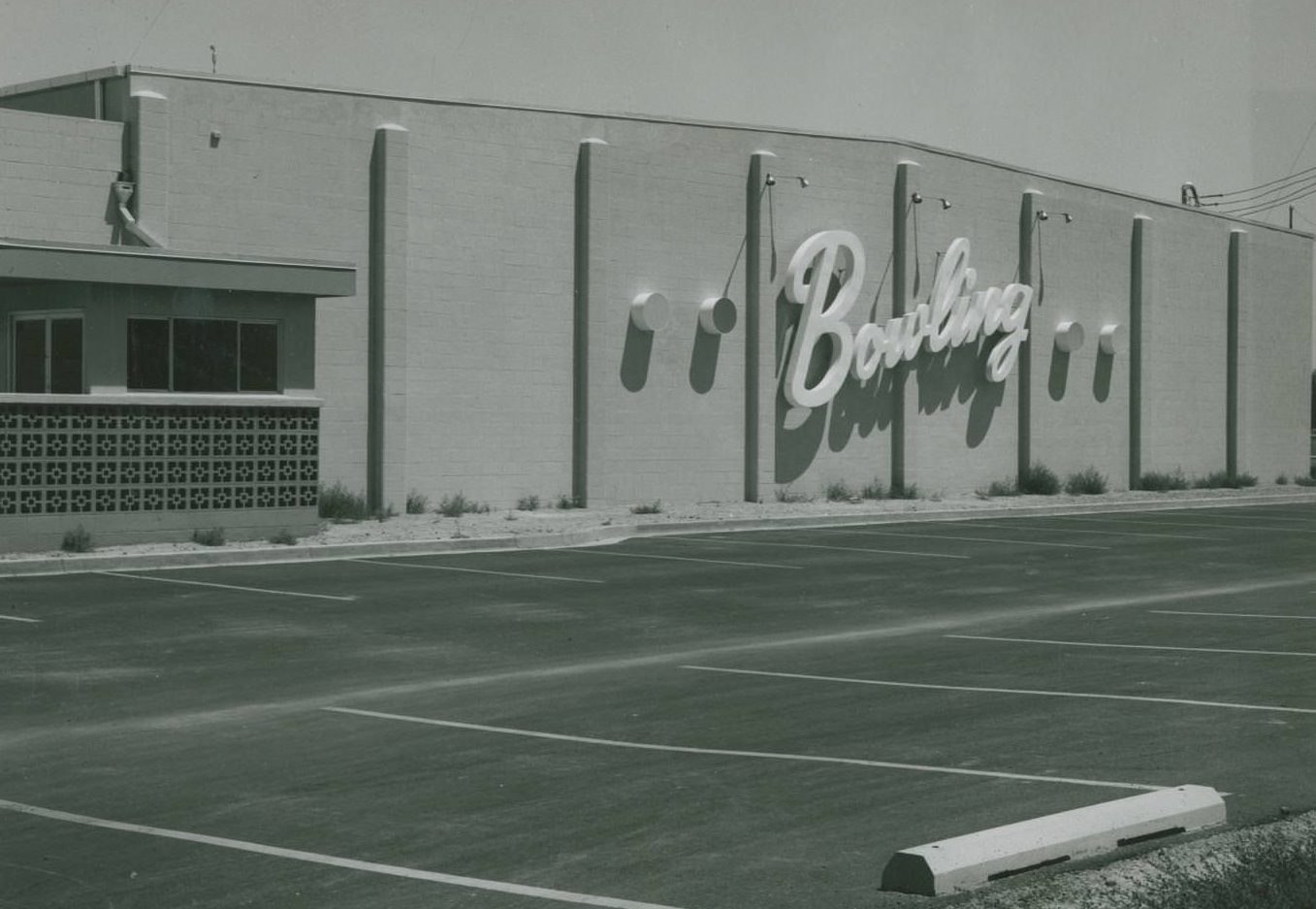 #78 Parking lot outside a new 10-lane bowling alley on the Bergstrom Air Force Base, 1970
