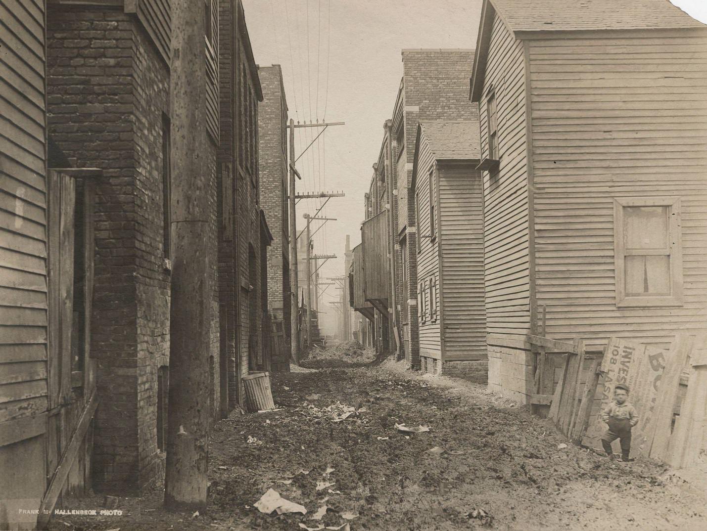 #143 Alley north of Taylor Street, west from Jefferson Street, Chicago, Illinois, April 28, 1910s