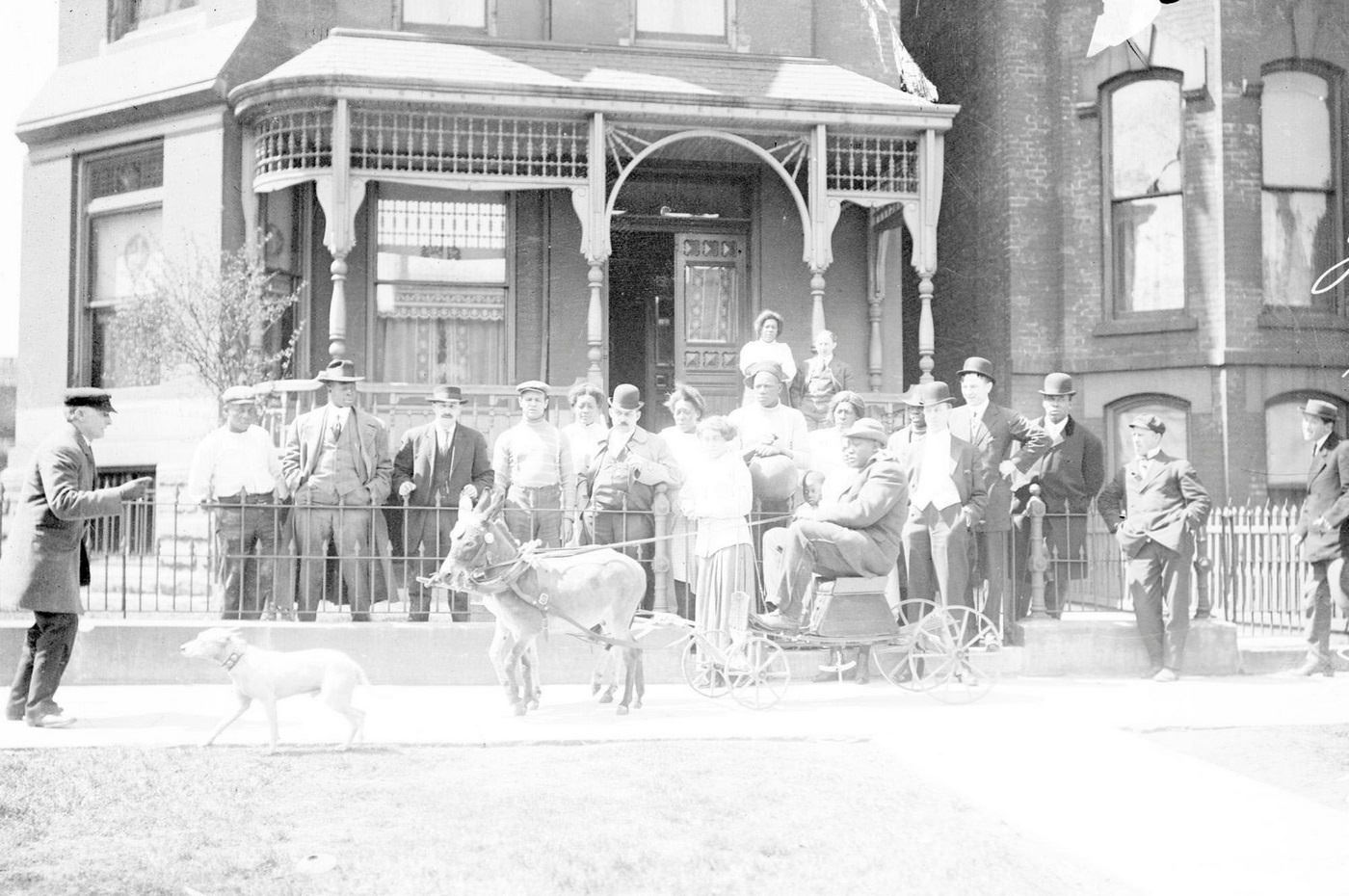 #168 Boxer Jack Johnson driving a small wagon pulled by two small donkeys on the sidewalk in front of a house in Chicago, 1910.