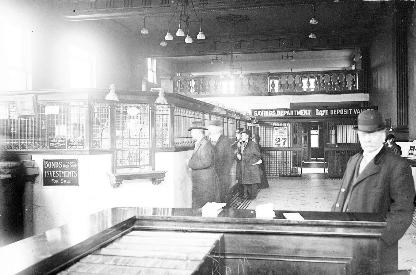 #37 Interior view of Washington Park National Bank at 730 East 63rd Street in the Woodlawn community area of Chicago, Illinois, 1910s.
