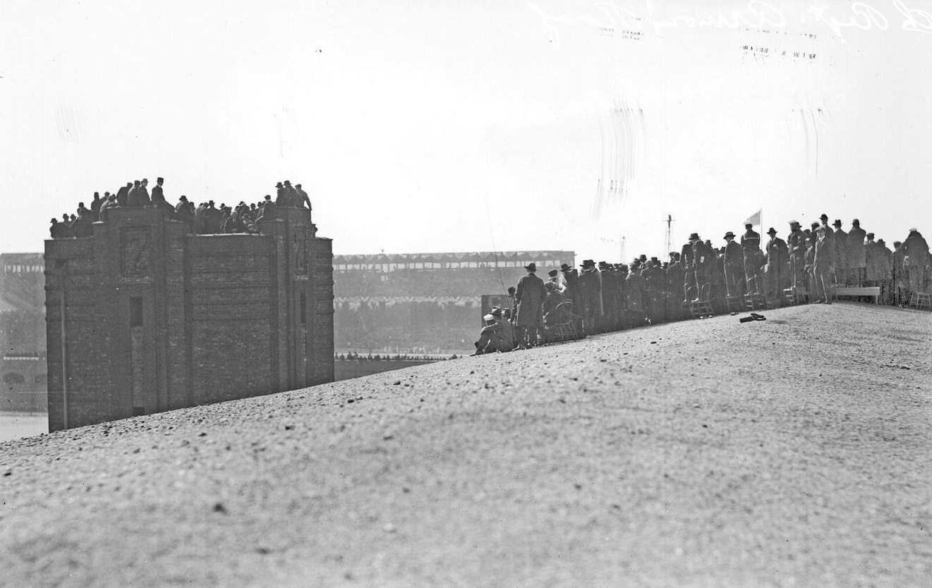 #59 Baseball, World Series 1917, Chicago White Sox vs. New York Giants, spectators watching from building rooftops, Chicago, Illinois, October 1, 1917.