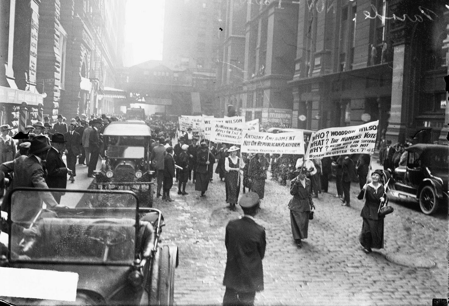 #71 Mrs George Taylor and Mrs Catherine Waugh McCulloch leading the Democratic women’s parade on LaSalle Street in the Loop community area, Chicago, Illinois, October 5, 1916.