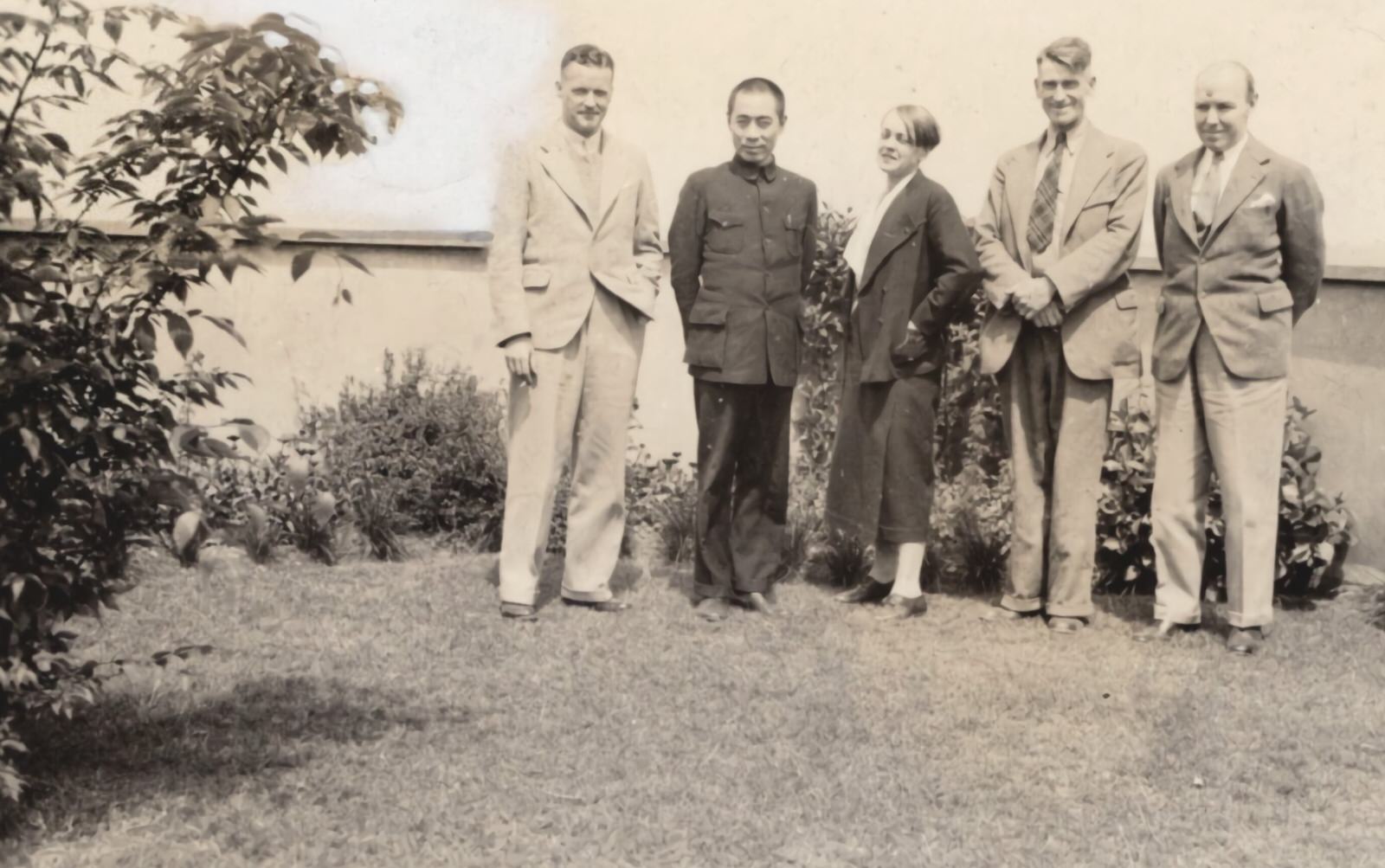 #128 My friends of Hankow Days: Major Frank Dorn; General Chou En-lai (Zhou Enlai), representing the Chinese Communists in the Chinese Government; Lieutenant Evans F. Carlson; Mr. Robert Jarvis, American Consular official. Agnes Smedley is in the center. 1937-1940
