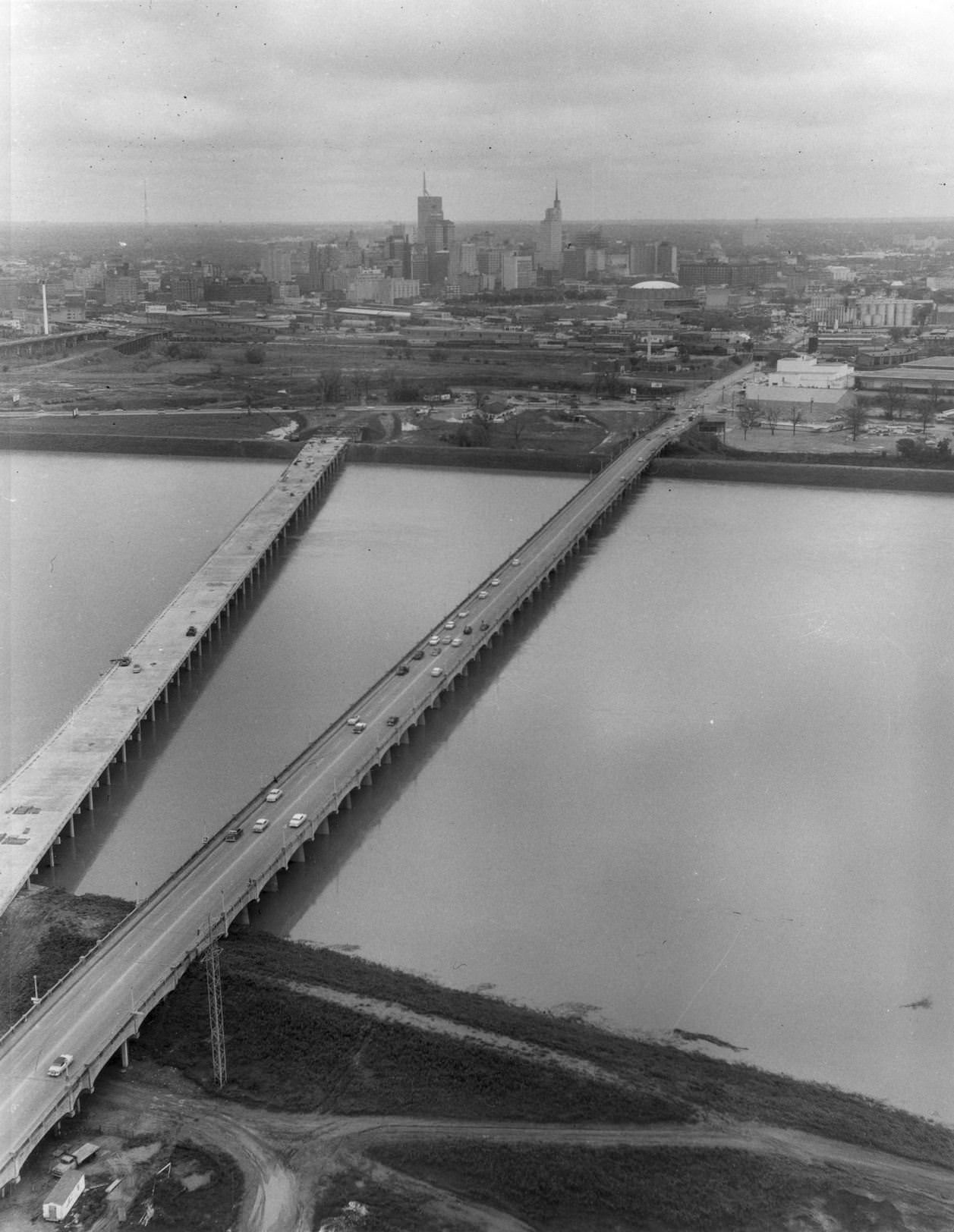 #108 Two bridges over flooded Trinity River into downtown Dallas, 1957