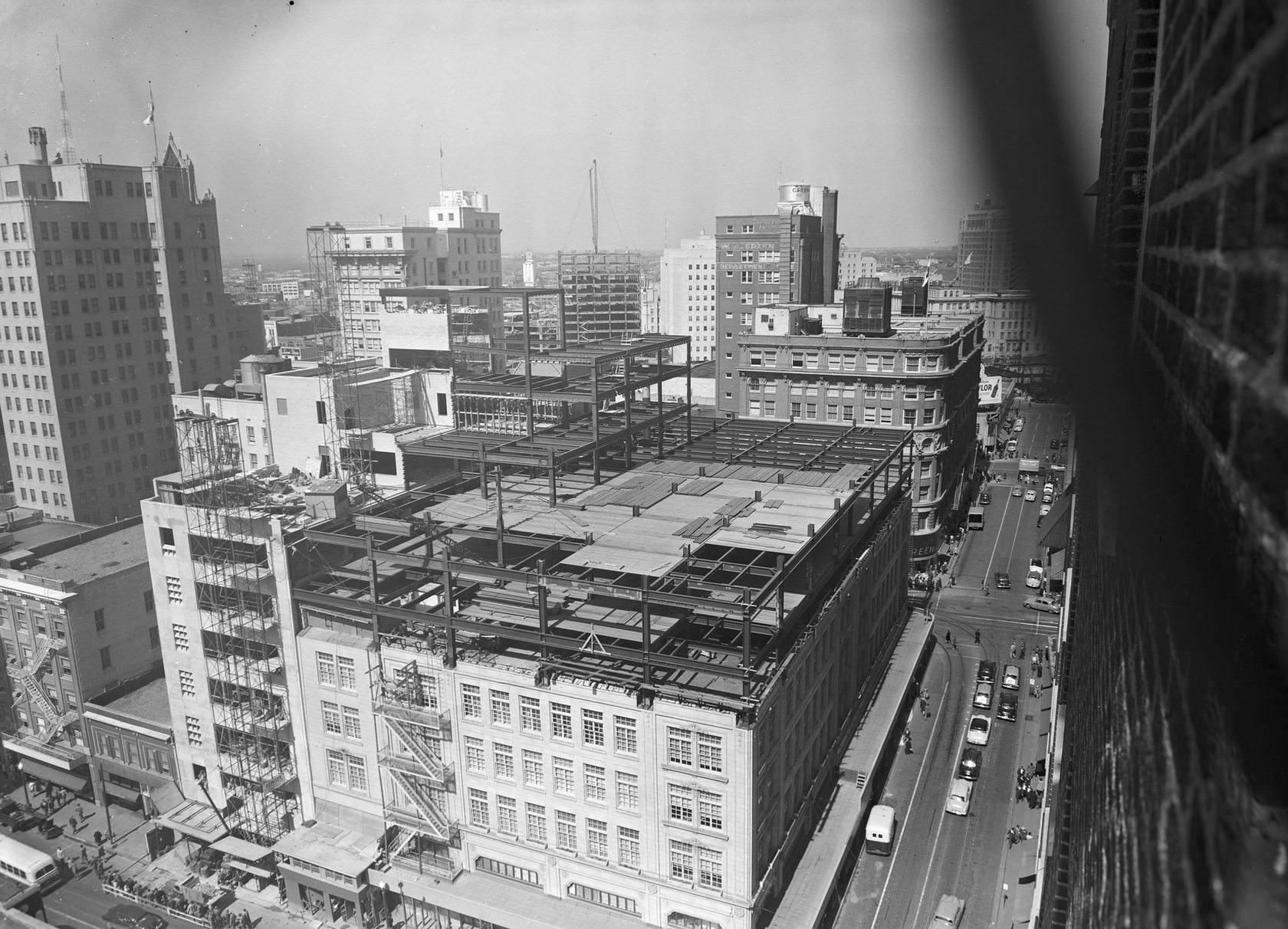 #167 Multiple office buildings under construction, downtown Dallas, Texas, 1952