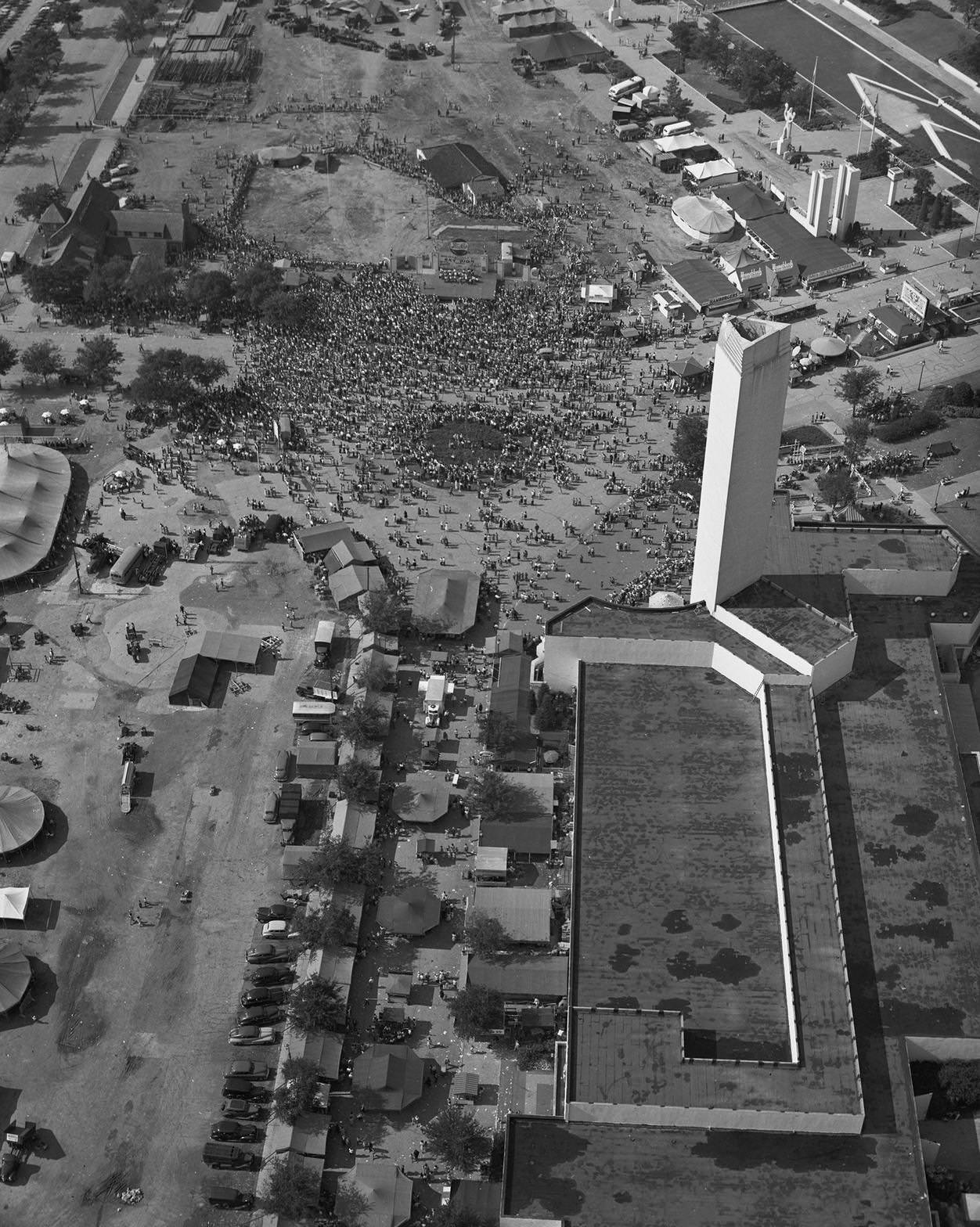 #208 Aerial photograph of trapeze artists performing at Fair Park, Dallas, Texas, 1950