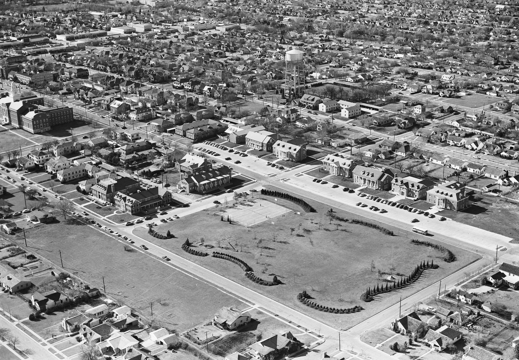 #28 Aerial view of fraternity and sorority houses, Southern Methodist University, Dallas, 1952