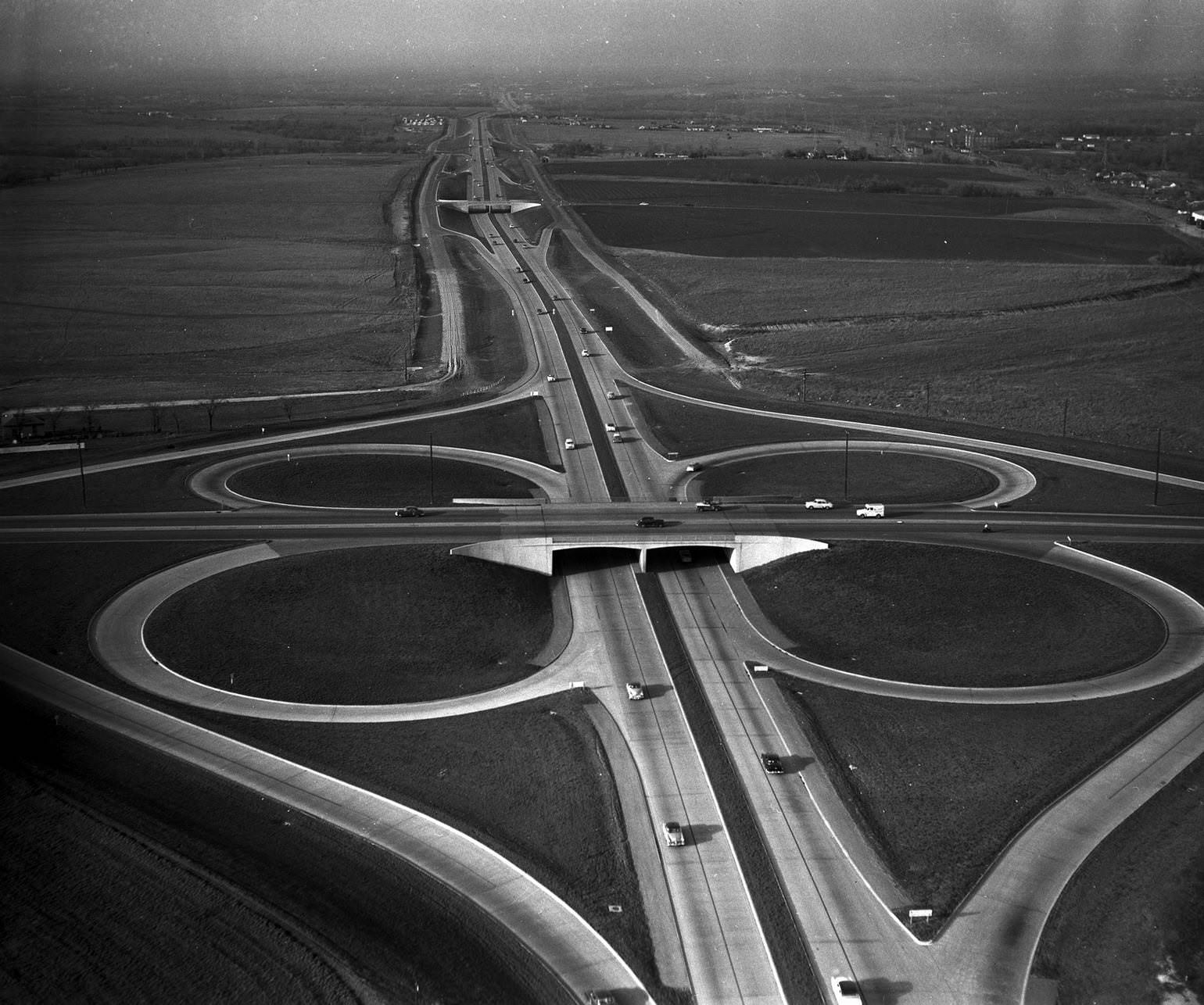 #40 Central Expressway (Highway 75) with cloverleaf near Northwest highway, Dallas, 1954