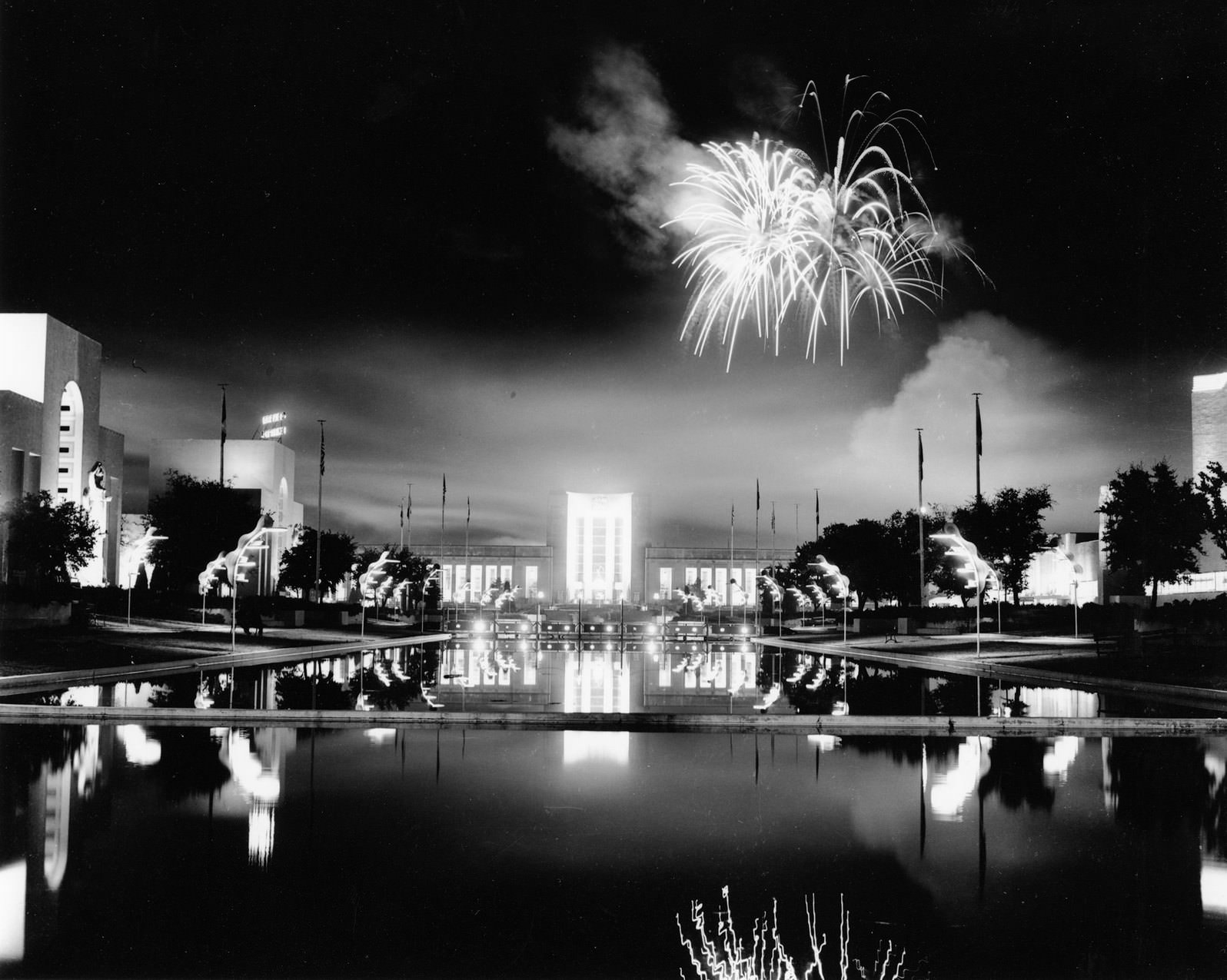 #51 Fair Park Esplanade with fireworks in sky at night during Texas State Fair, Dallas, Texas, 1950