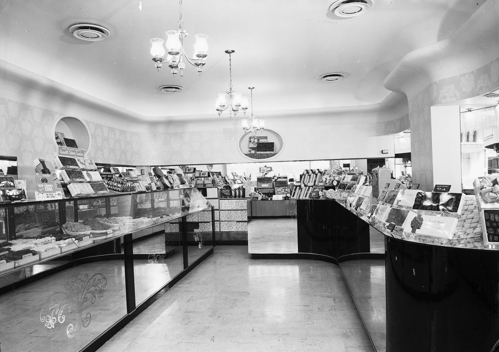 #96 Russell Stover Candies shop, interior, located at Main and Akard streets, Dallas, Texas, 1954