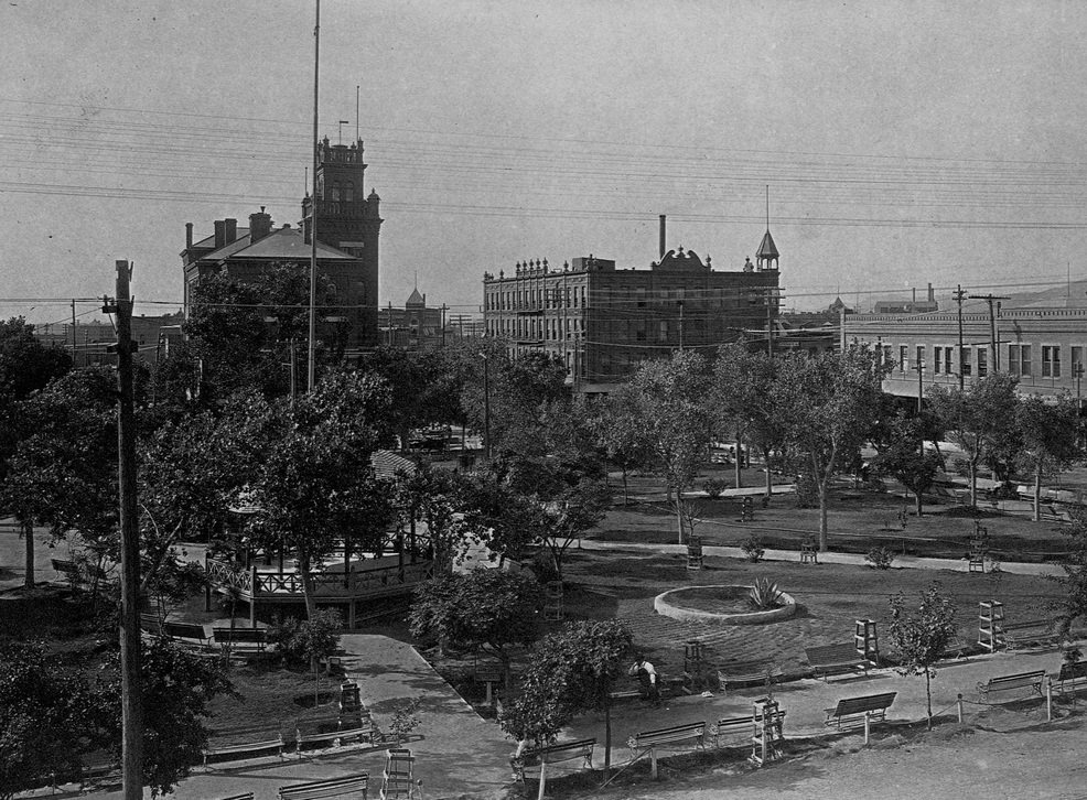 #5 The Federal Building and Hotel Sheldon from across the park in downtown El Paso, Texas, 1902.