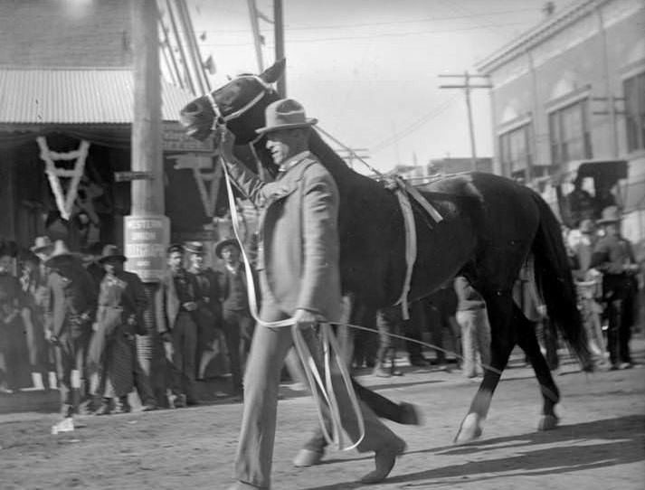 #28 Man walking horse, parade, 1907