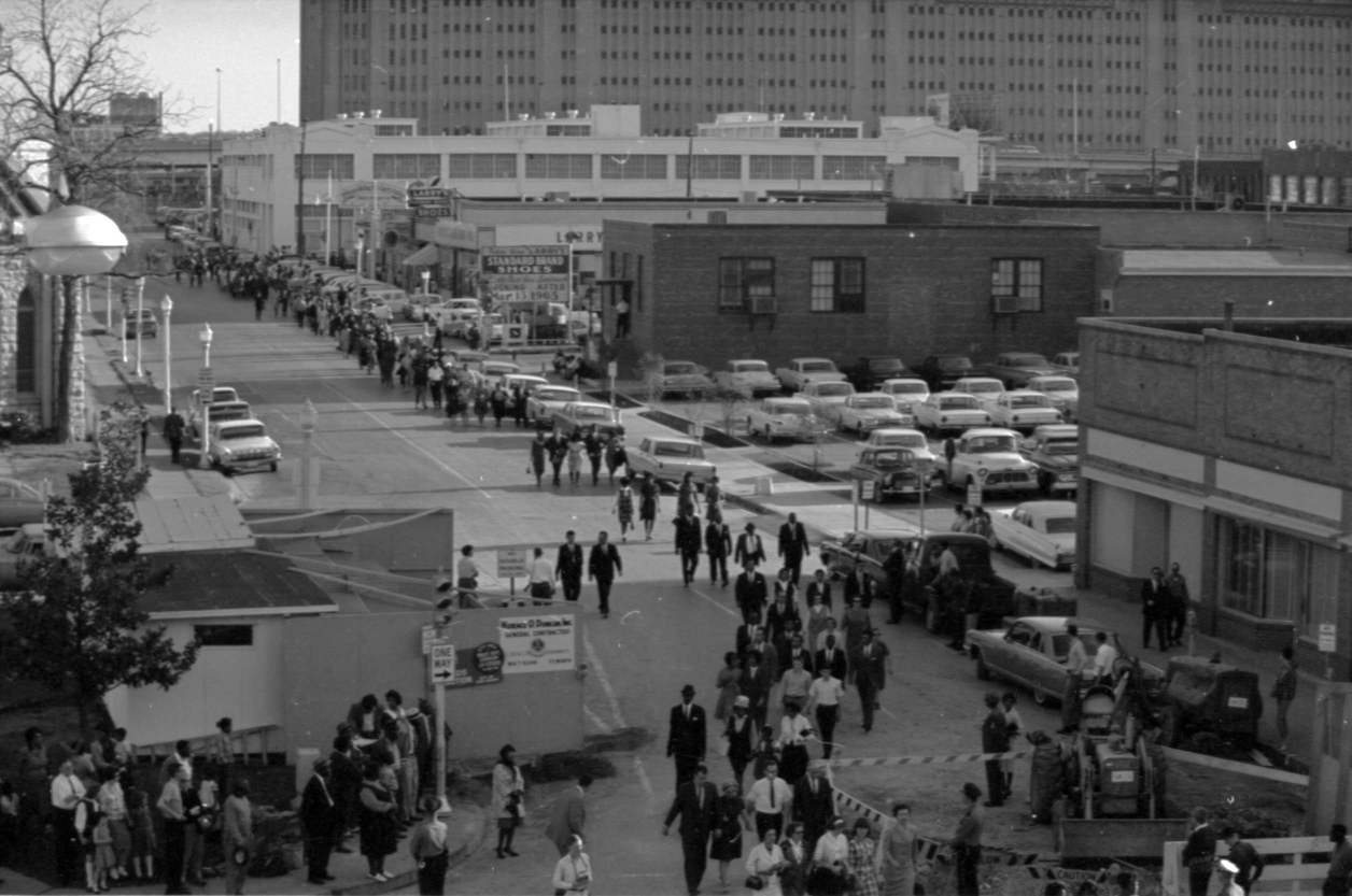 #1 Overview of marchers, Civil Rights demonstrations in Fort Worth, protesting brutality in Selma, Alabama, 1965