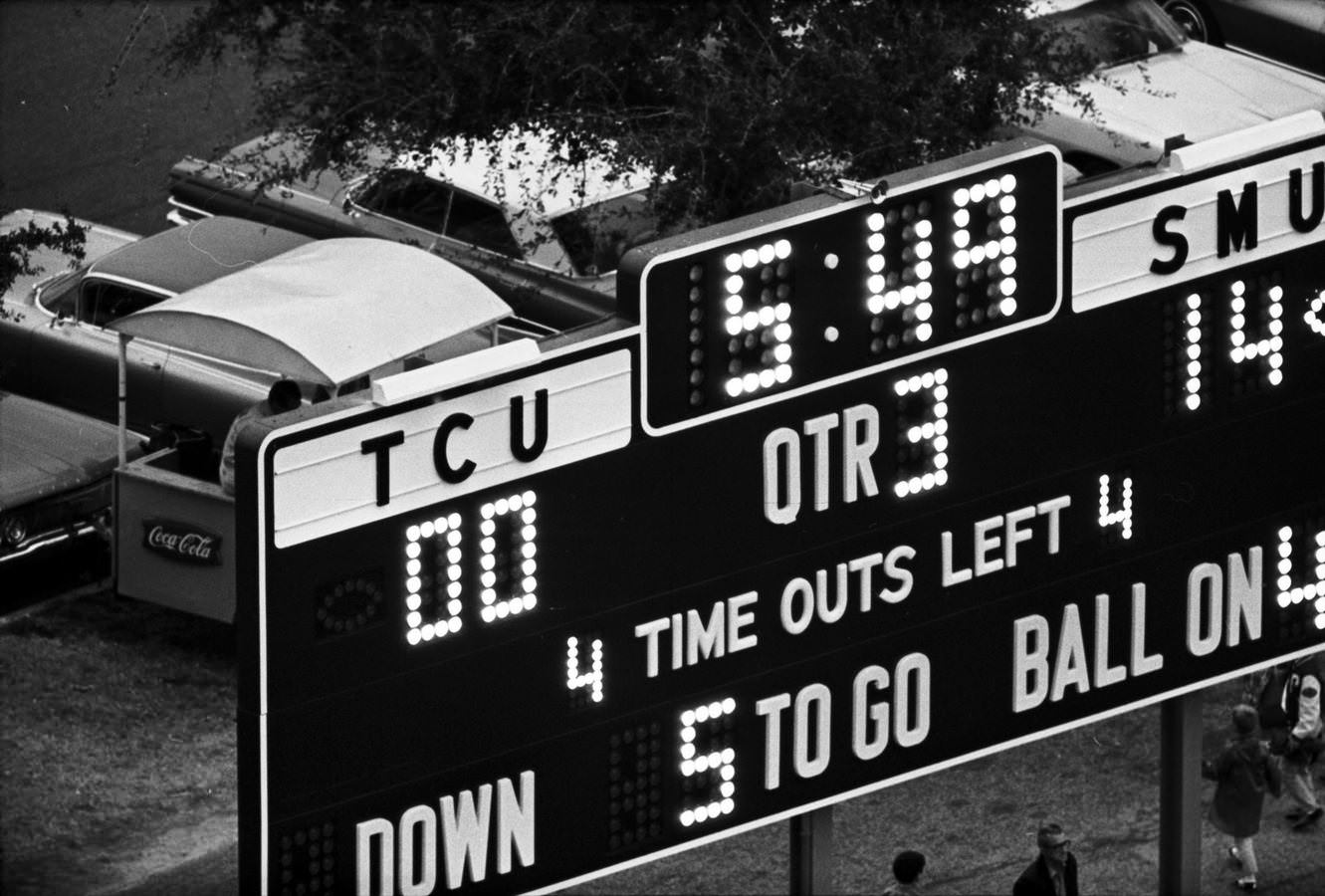 #108 TCU vs. SMU football game scoreboard, 1966