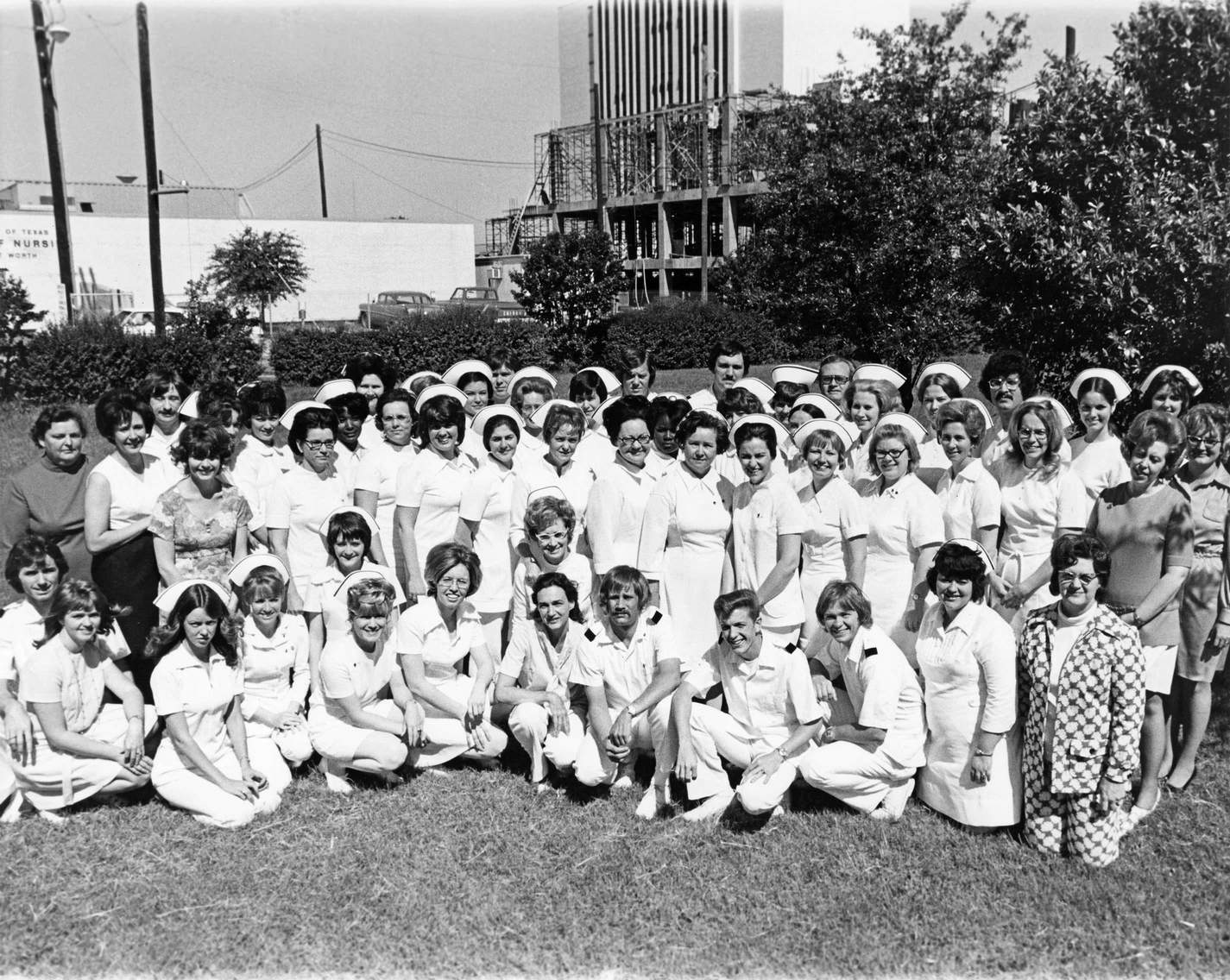 #120 Nursing students at the University of Texas School of Nursing in Fort Worth. Jeanneane Cline, front row center, Mary Beth Steward, school secretary, at bottom right in the front row, 1968.