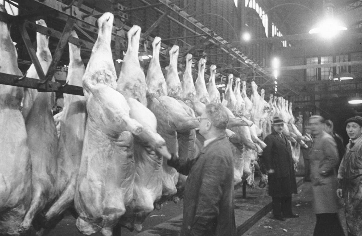 #108 Carcasses of animals hanging up in a meat market at Les Halles, Paris, 1947