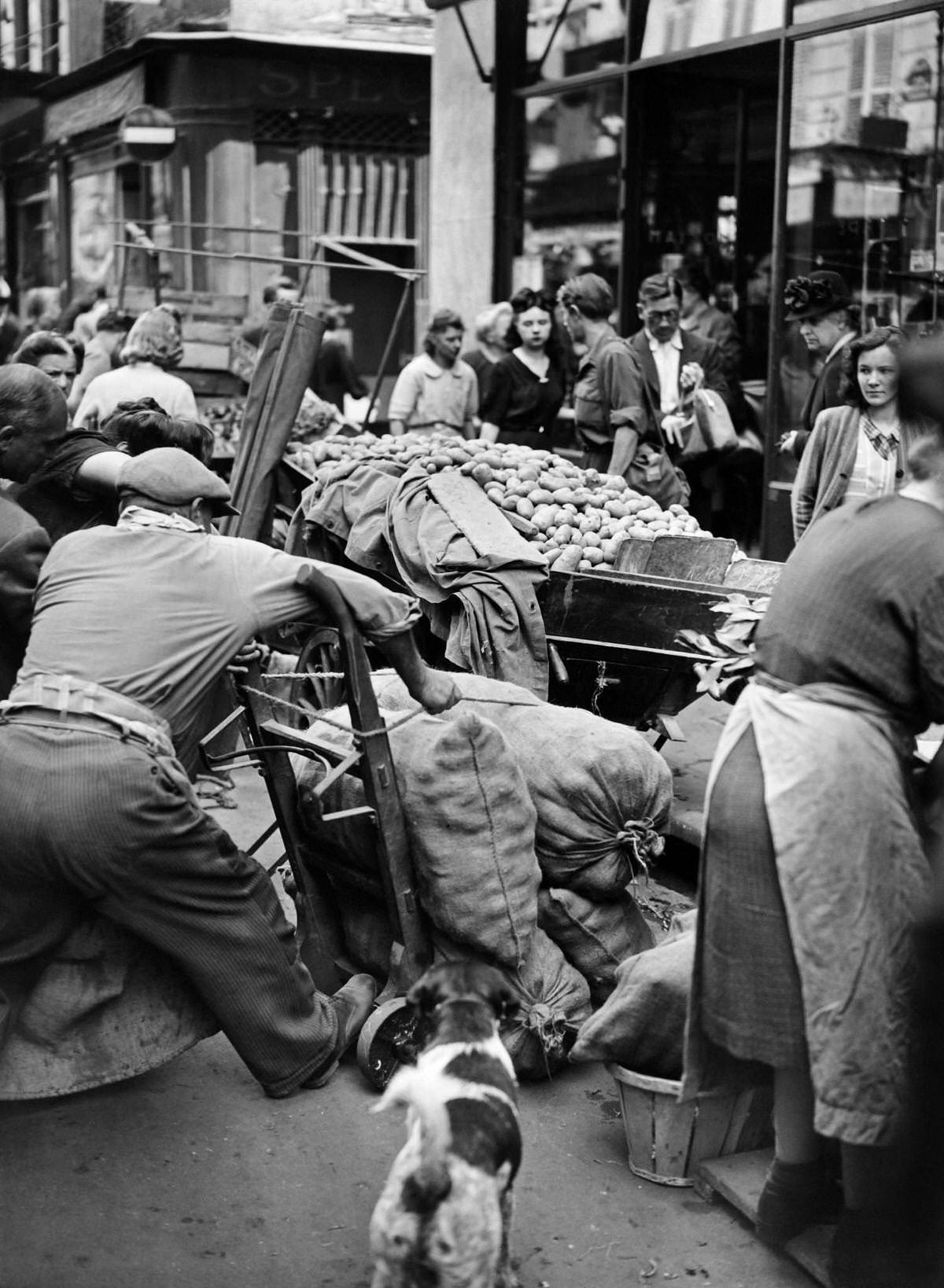 #125 A man carries bags of potatoes in August 1946 in a busy street of Les Halles district in Paris at the resumption of the activity in the Halles