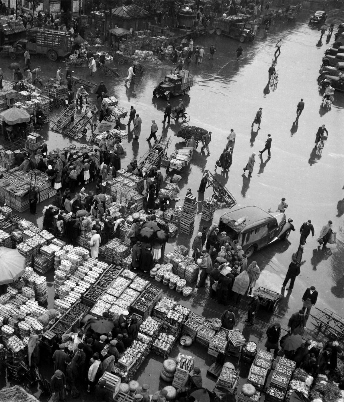 #13 Les Halles under the rain, which was historically the traditional central market of Paris during 1945 in Paris, France.